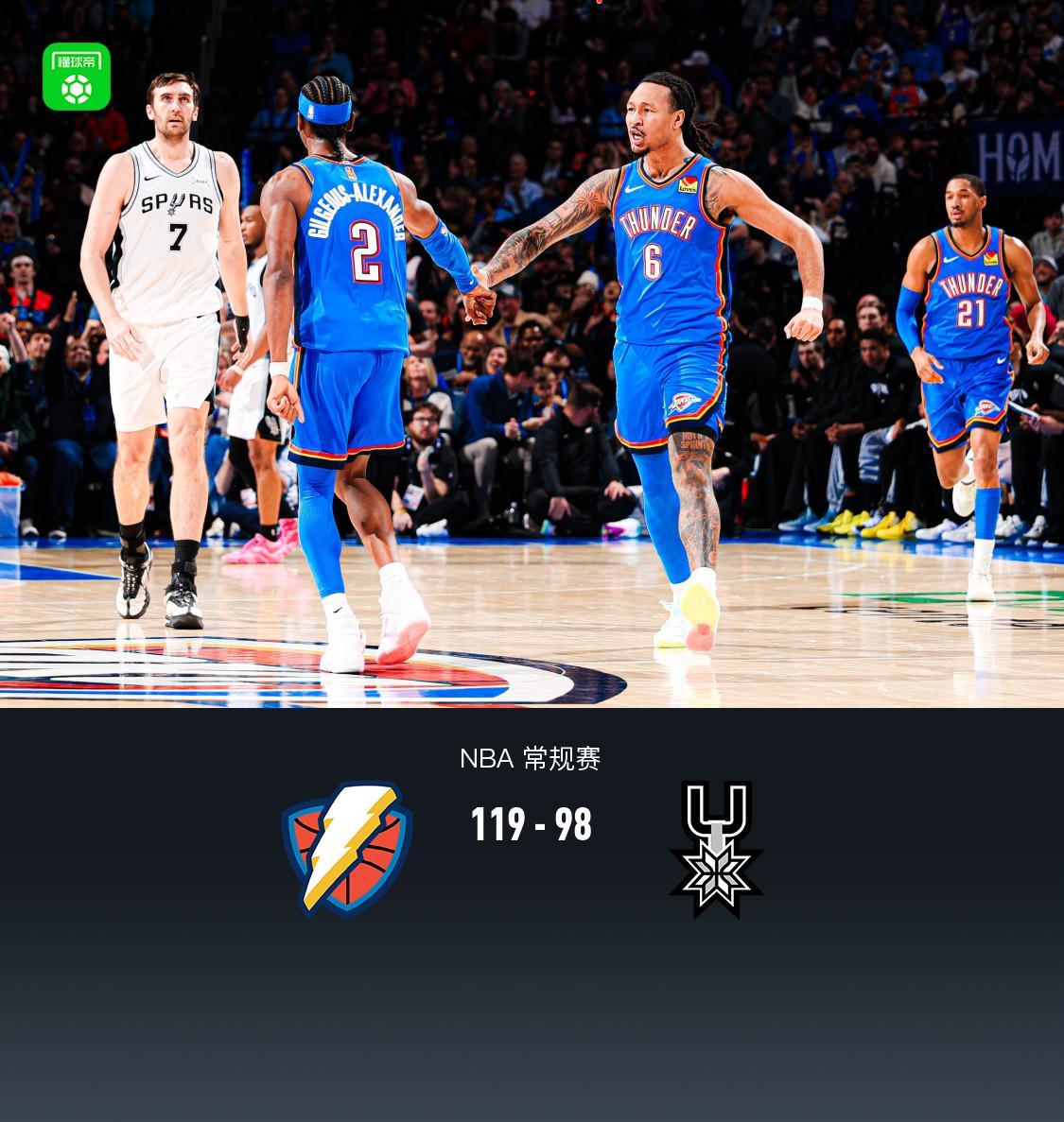 开云网站-雷霆119-98复仇马刺，亚历山大34+5+5，文班17分7板